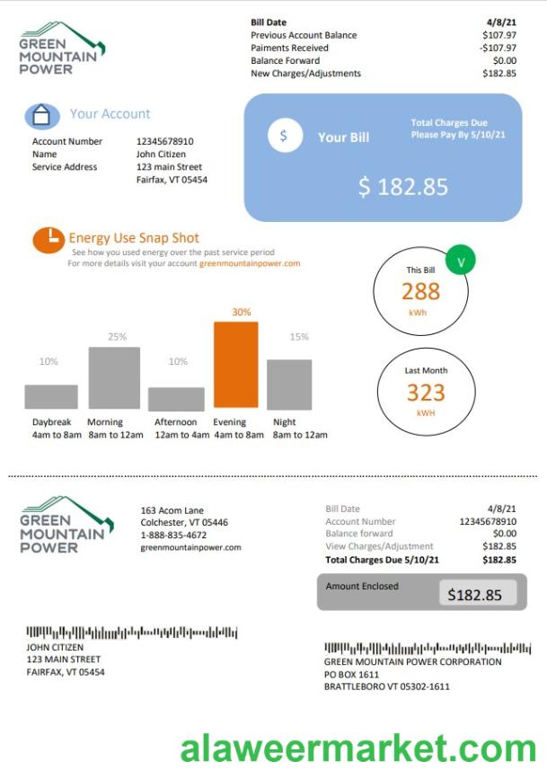 USA Vermont Green Mountain Power electricity utility bill in Word and PDF format